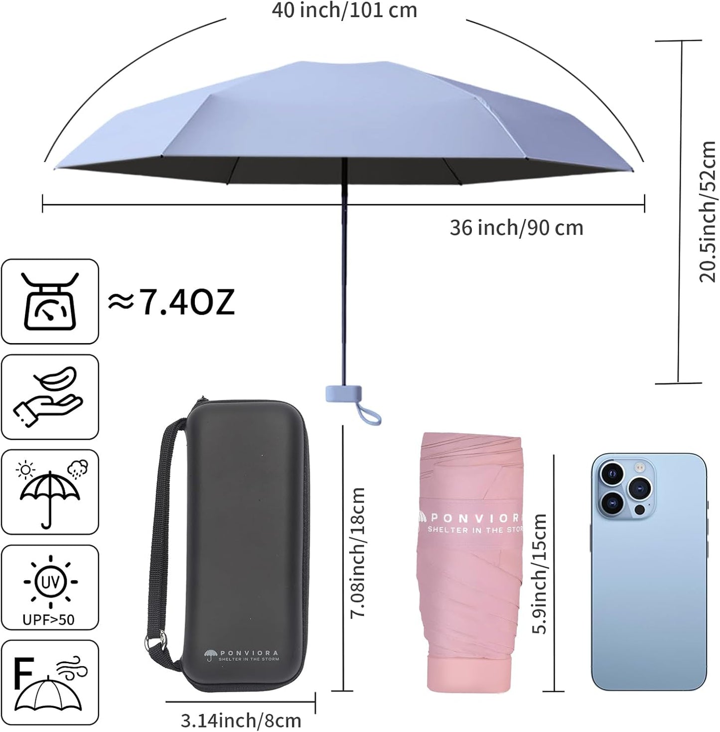 Compact Mini Windproof Travel Umbrella-UPF 50+ Sun & Rain Protection, Small Folding Design Fits in Pocket or Purse, Lightweight Portable with Case for Women, Men & Kids