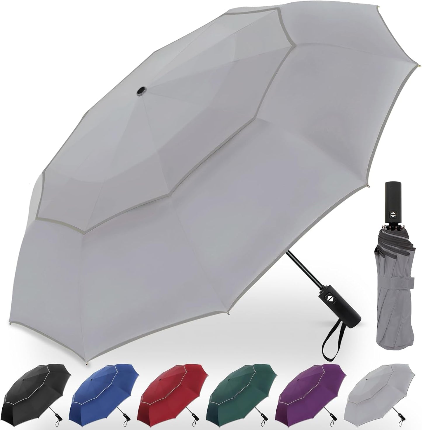Satol Extra Large Golf Umbrella, 46/54/62 Inch Windproof 10 Ribs Vented Double Canopy Reflective Strips Automatic Open/Close Waterproof UV Protection Portable Compact Umbrella for Outdoor & Travel