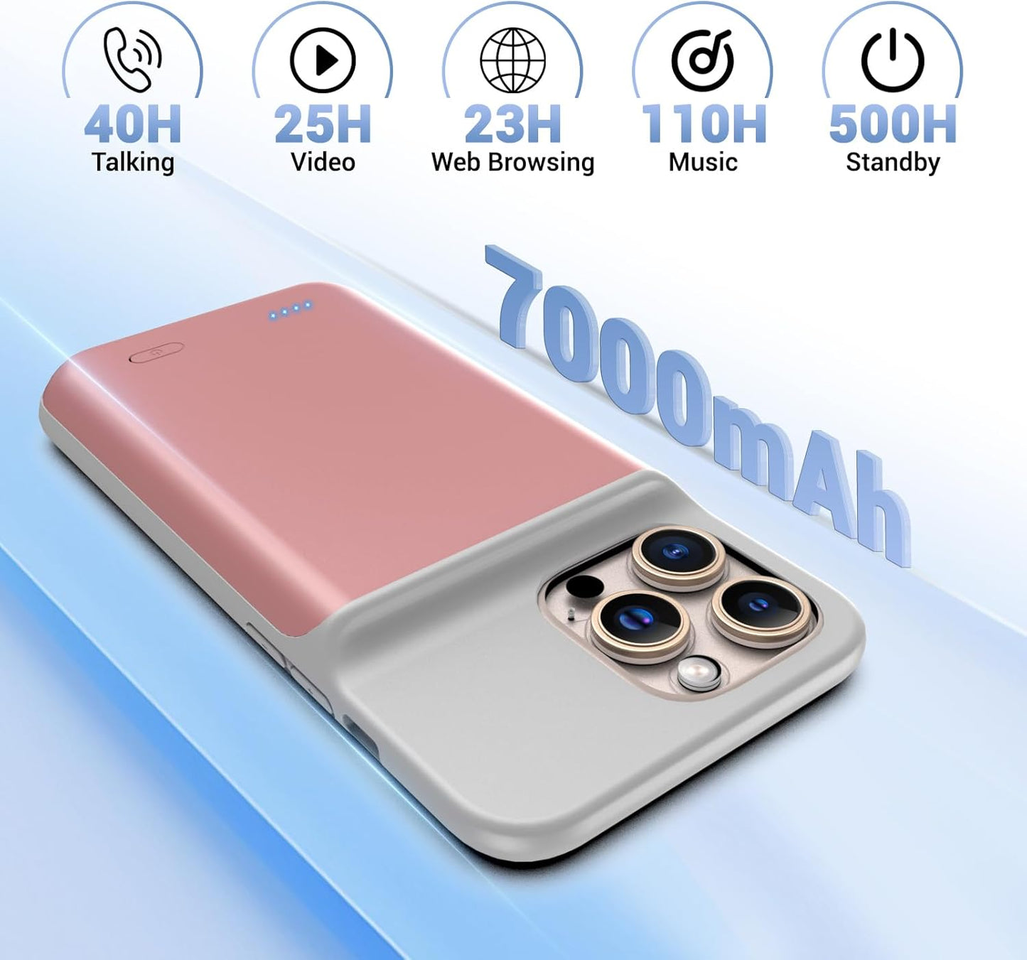 Battery Case for iPhone 16 Pro Max, Ultra-Slim 7000mAh Portable Extended Charging Charger Case [2025 Upgraded] w/Tempered Glass Film for iPhone 16 Pro Max-6.9 inch,Pink