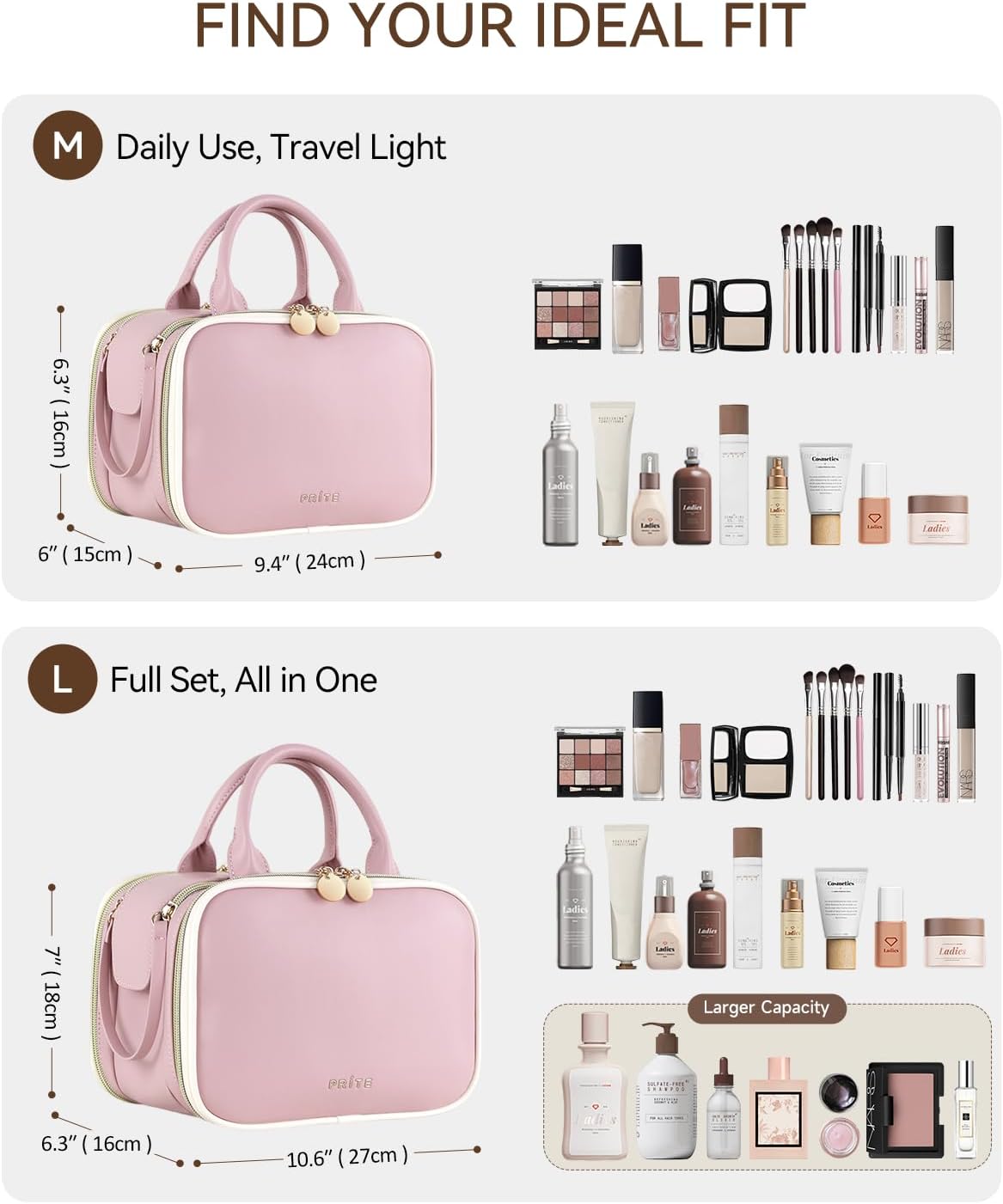 Prite Makeup Bag for Women, Large Capacity Waterproof Travel Cosmetic Organizer, Portable Open Flat Toiletry Bag with Free-standing Brush Holder and Handle(Pink Large)