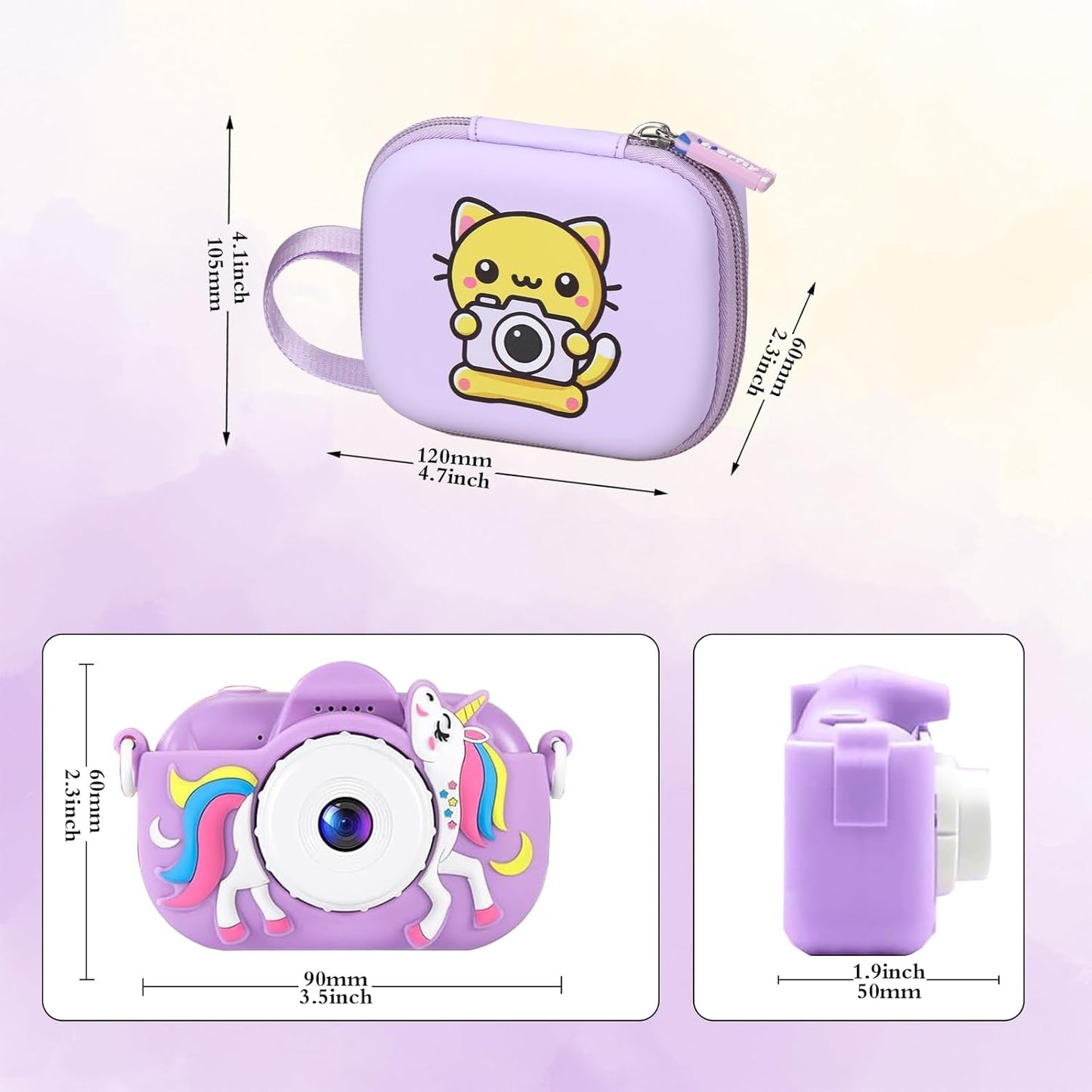 Kids Camera Case Compatible with Seckton/Goopow/DITUPAN/YEEHAO/Hangrui/Masterbee/OUTUVAS/GKTZ Digital Video Camera Toys Camcorder Storage Holder Carrying - Purple Cat