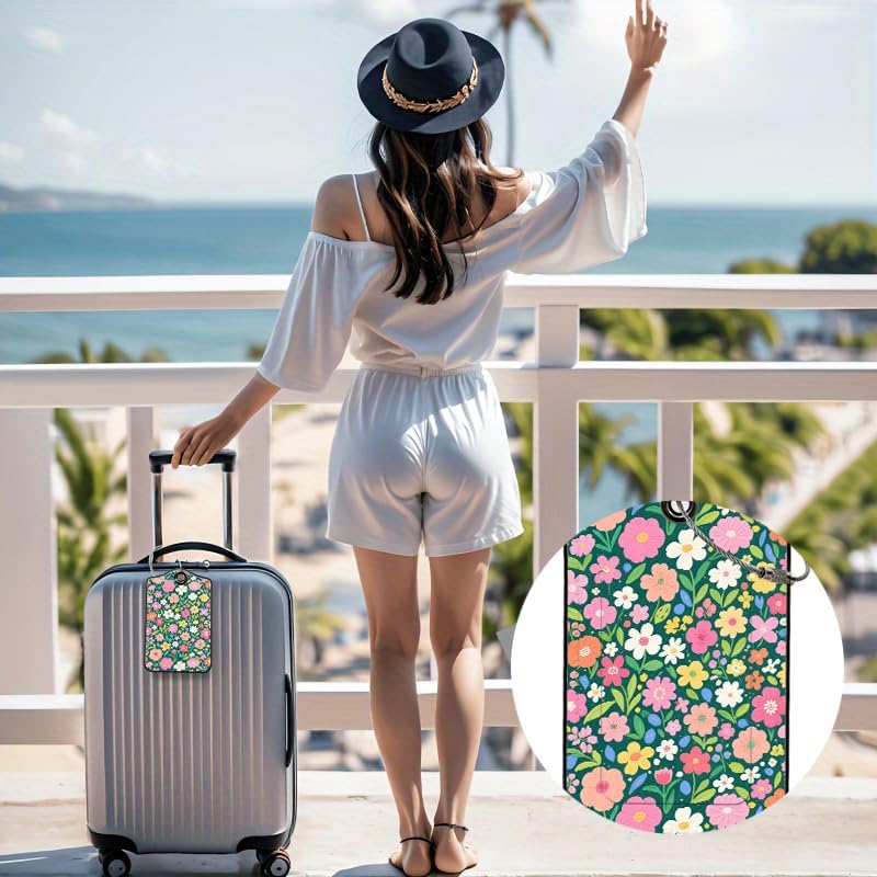 2 Pack Wildflower Leather Luggage Tags for Suitcases, Travel Bag Tags with Privacy Cover ID Label with Stainless Steel Loop for Women Men Girls Backpack Gift (Green Pink)