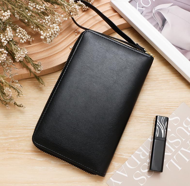 RFID Passport Wallet for Women & Men, Leather Zipper Travel Organizer with Waterproof Design (Black)