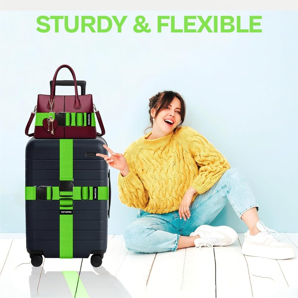 4 Pack Luggage Straps, Adjustable Suitcase Belts 72" x 2" with Quick Release Buckle, Durable Travel Accessories for Secure Luggage and Easy Identification (Green)
