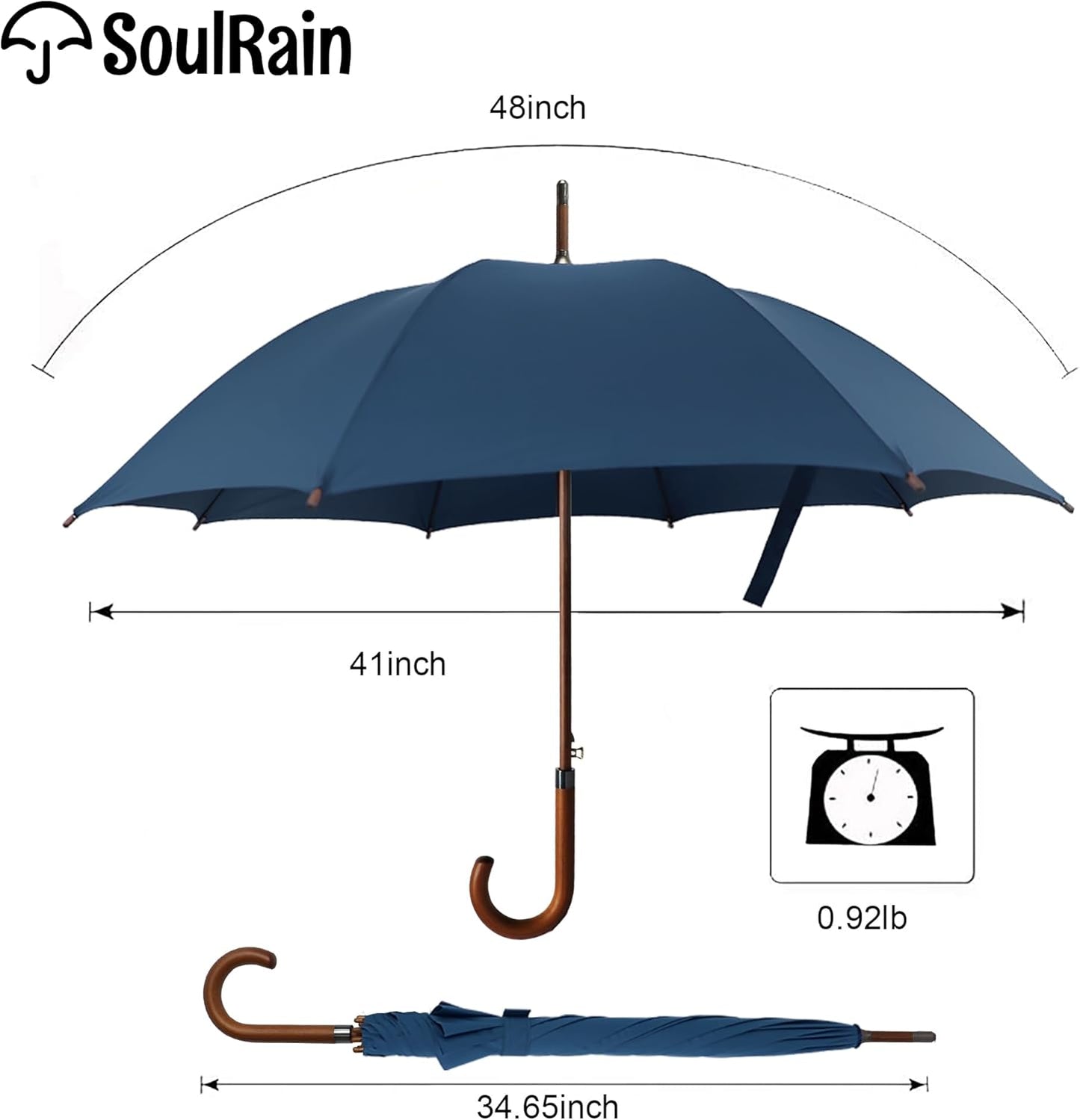 SoulRain 48" Large Umbrella –Windproof Stick Umbrellas for Rain, Automatic Open, Vintage Cane Navy Blue big Umbrella with Classic Wooden Handle,Open for 2 Persons adult,for Women & Men(Navy Blue)