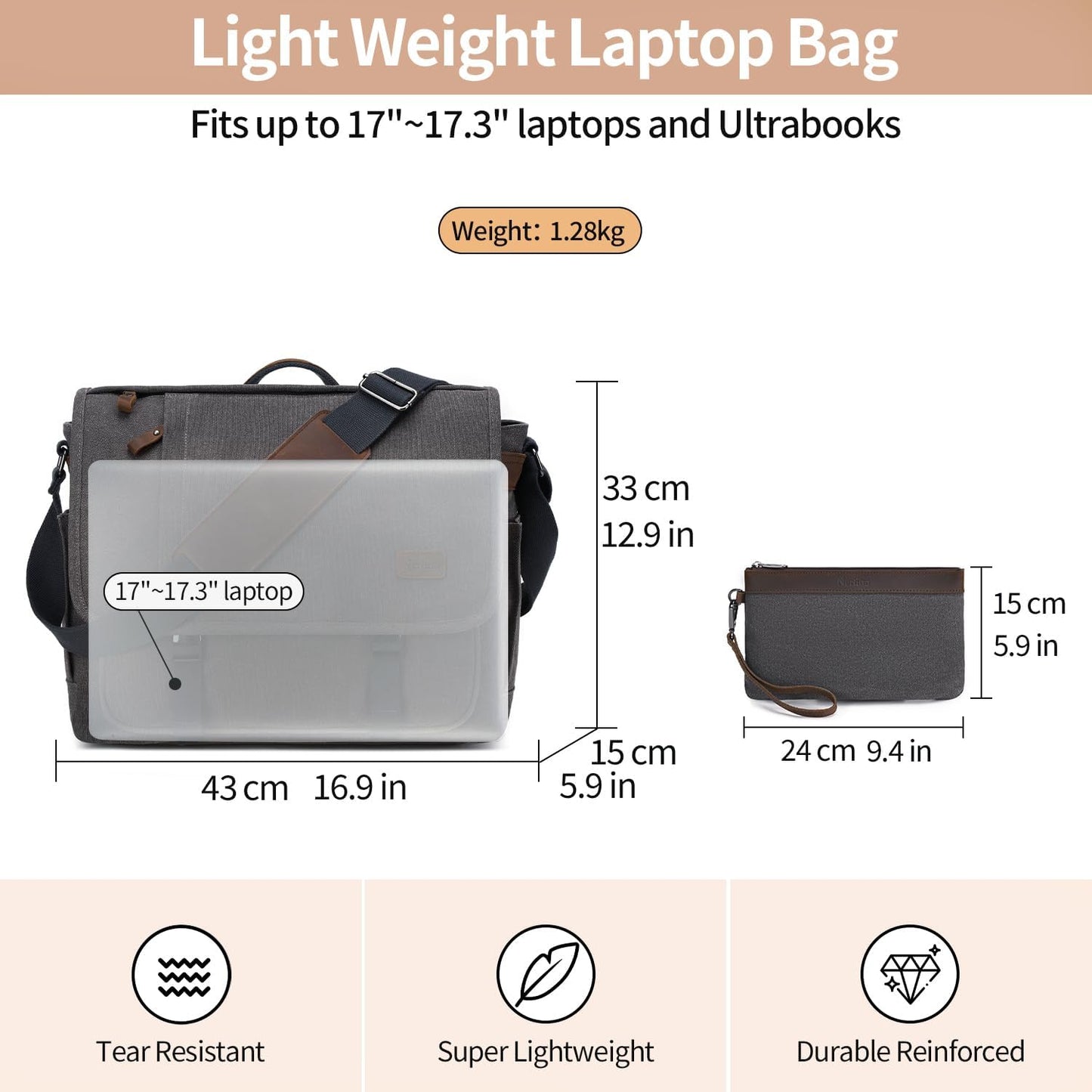Nerlion Messenger Bag for Men 17-17.3 Inch Laptop Bag Canvas Water-resistant Computer Bag Shoulder