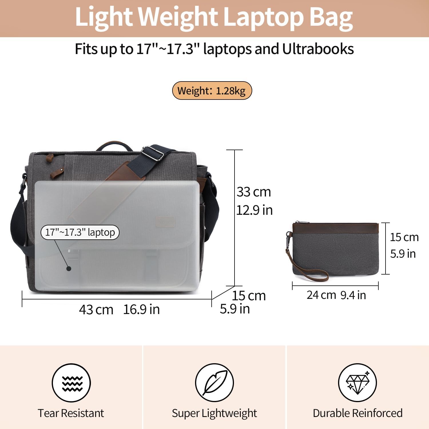 Nerlion Messenger Bag for Men 17-17.3 Inch Laptop Bag Canvas Water-resistant Computer Bag Shoulder