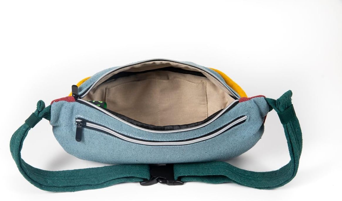 Dime Bags Oversized Fanny Pack, 100% Nepali Hemp Crossbody Waist Bag for Men & Women, Adjustable Strap, Multiple Pockets, Eco-Friendly Festival & Travel Bag, Boho & Neutral Colors, Reveller(Boho Blue)