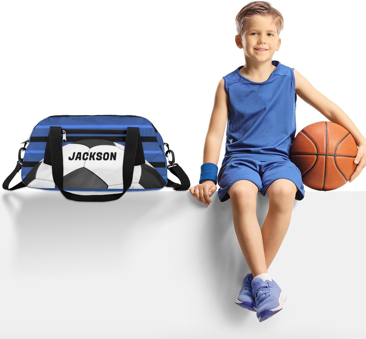 Soccer Ball Custom Name Kids Overnight Duffel Bags Boys Blue Stripe Personalized Sport Gym Bag Customized Duffel Bag for Travel Weekender Practice Gymnastics