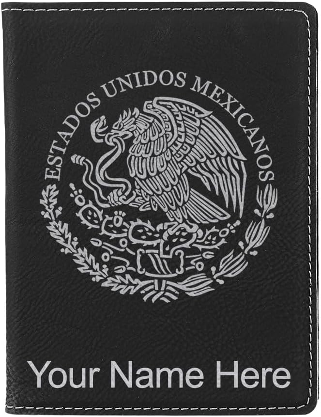 LaserGram Faux Leather Passport Holder, Flag of Mexico, Personalized Engraving Included (Black with Silver)