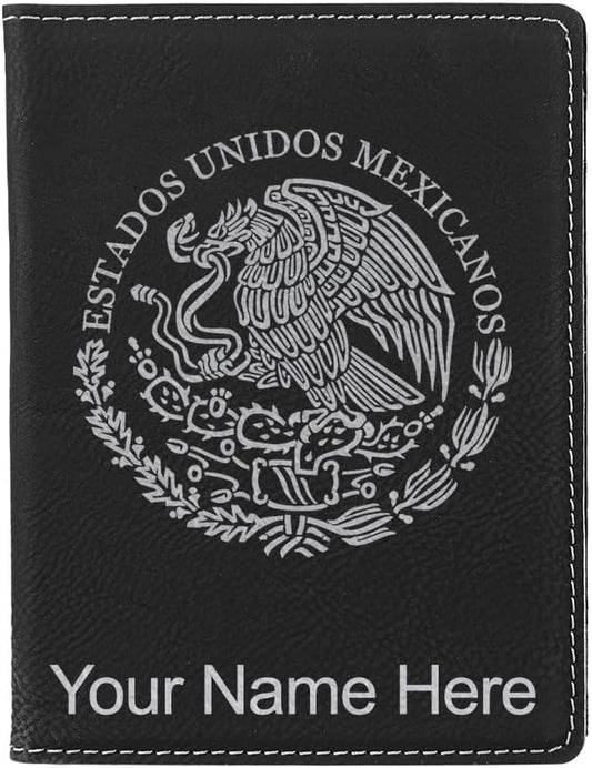 LaserGram Faux Leather Passport Holder, Flag of Mexico, Personalized Engraving Included (Black with Silver)