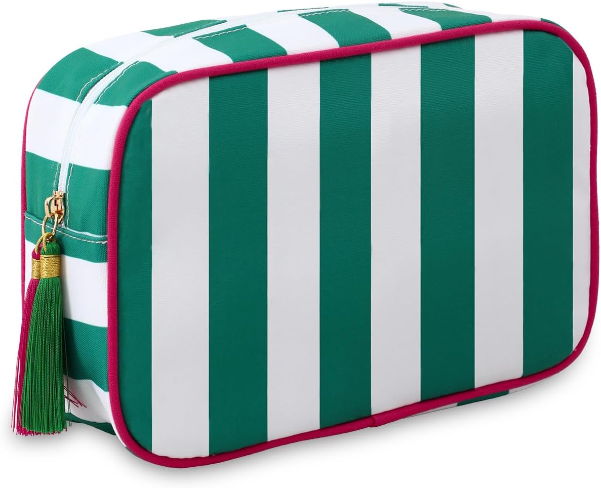 Stripe Makeup Bag Travel Cosmetic Bag Organizer Tassel Toiletry Bag Large Canvas Zipper Pouch and Accessories Storage Bag for Women