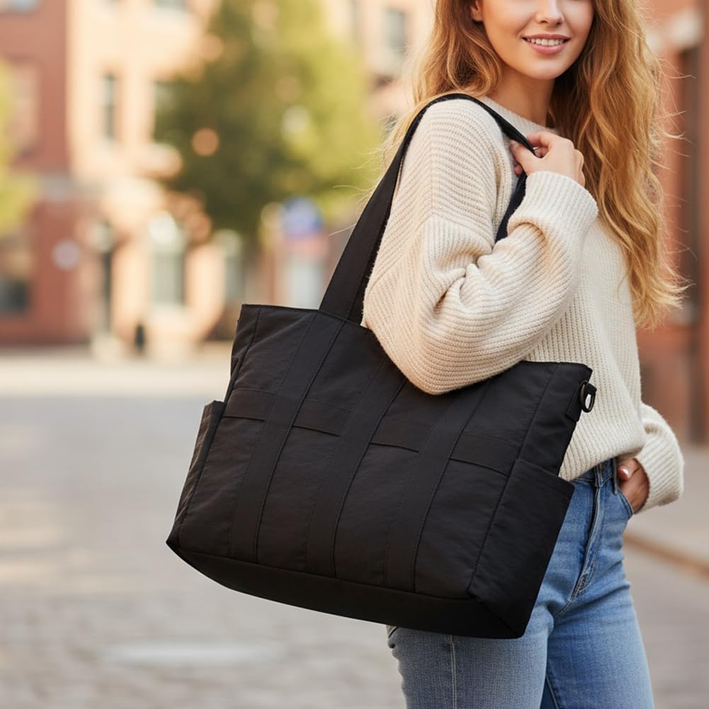 Tote Bag for Women & Men, Travel Large Tote Bag with Zipper & Side Porkect, Waterproof Tote Work Bags for Travel, Work