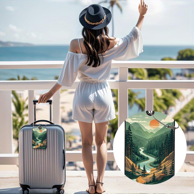 2 Pack Mountain Leather Luggage Tags for Suitcases, Travel Bag Tags with Privacy Cover ID Label with Stainless Steel Loop for Women Men Girls Backpack Gift (Green Purple)