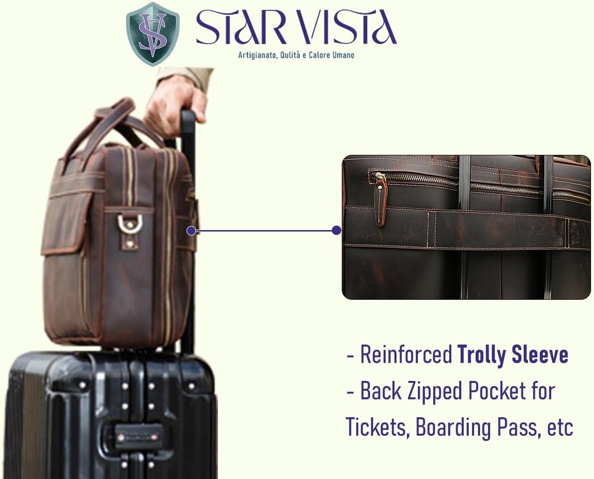 STAR VISTA Sforza Large 18" Laptop Messenger Bag, Leather Briefcase for Men, Business Travel, YKK Zippers and Brass Hardware