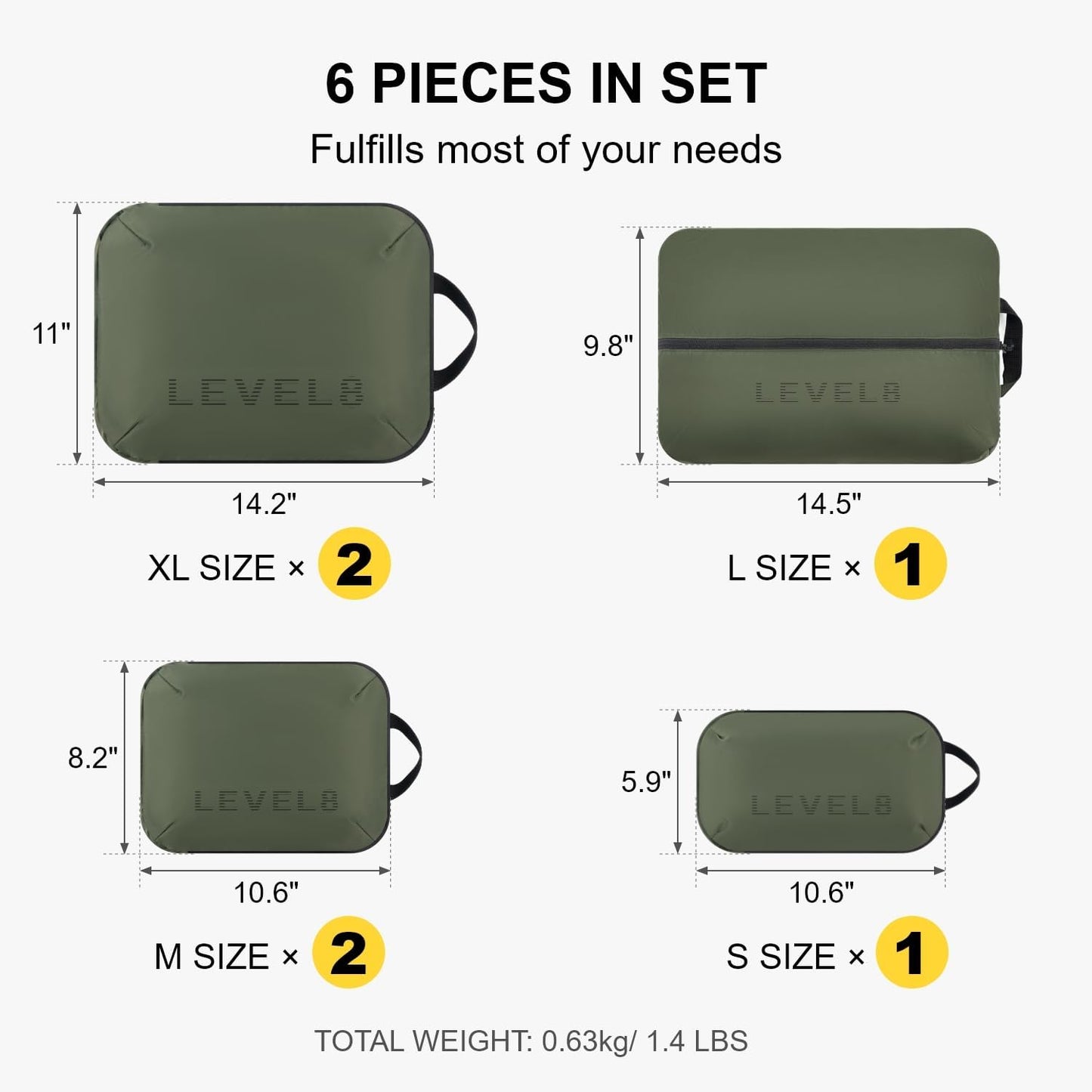 LEVEL8 Compression Packing Cubes for Suitcase, 6 Set Travel Bags with Shoe Organizer, Packing Organizers Travels Accessories in 4 Sizes (Extra Large, Large, Medium, Small), Green