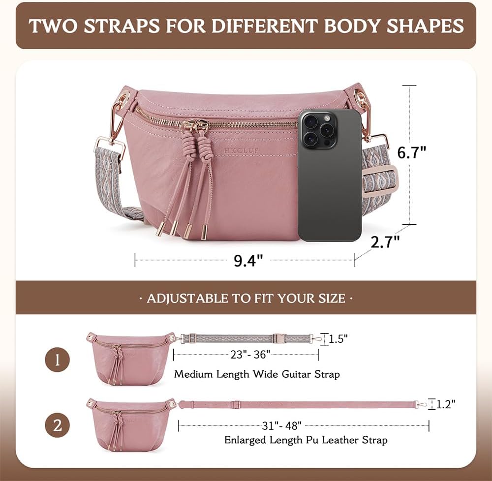 HKCLUF Fanny Pack Crossbody Bags for Women Pu Leather Belt Bag Waist Pack Causal Chest Bum Bag With 2 Straps