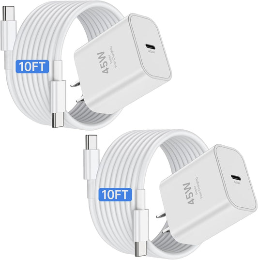 2Pack 45W iPhone 17 16 15 Fast Charger and 10ft Type C to C Cable Cord Long, USB C Charging Block Plug for Apple iPhone 17 Pro Max/17 Air/16 Pro Max/15 Plus/iPad Mini Air Wall Power Adapter Cube Brick