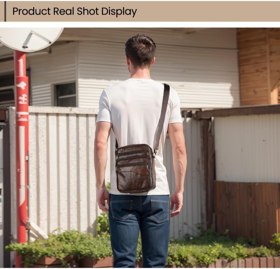 Men's Genuine Leather Crossbody Sling Bag, Small Chest Shoulder Messenger Bag with Adjustable Strap