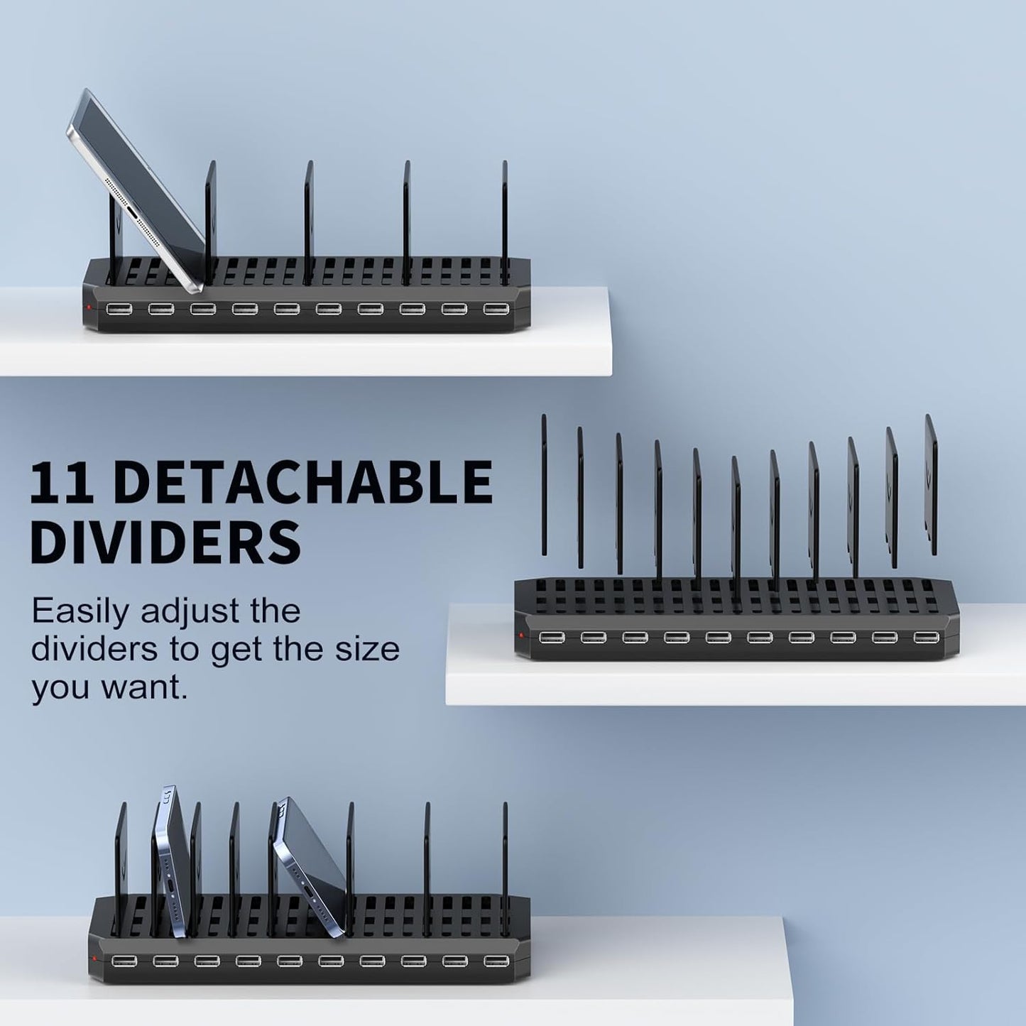 USB Charging Station for Multiple Devices, 10 Port 60W Multiple USB Charger Station with Adjustable Dividers, Fast Charging Station Hub for Hotels, Shops, Schools, Shopping Malls and Travel