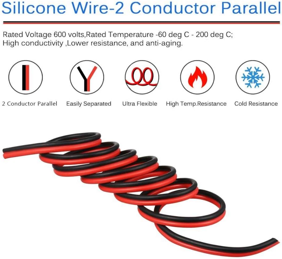 BNTECHGO 8 Gauge Flexible 2 Conductor Parallel Silicone Wire Spool Red Black High Resistant 200 deg C 600V for Single Color LED Strip Extension Cable Cord,Model,20ft Stranded Tinned Copper Wire