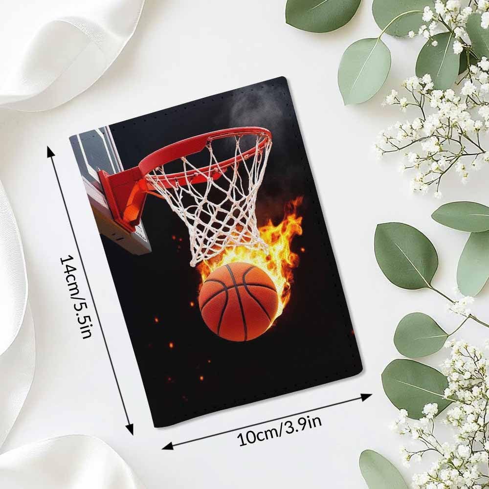 Basketball Sport Passport Holder for Travel Flaming Basketball Basket Frame PU Leather Passport Cover Wallet Cute Passport Card Holder for Women and Men