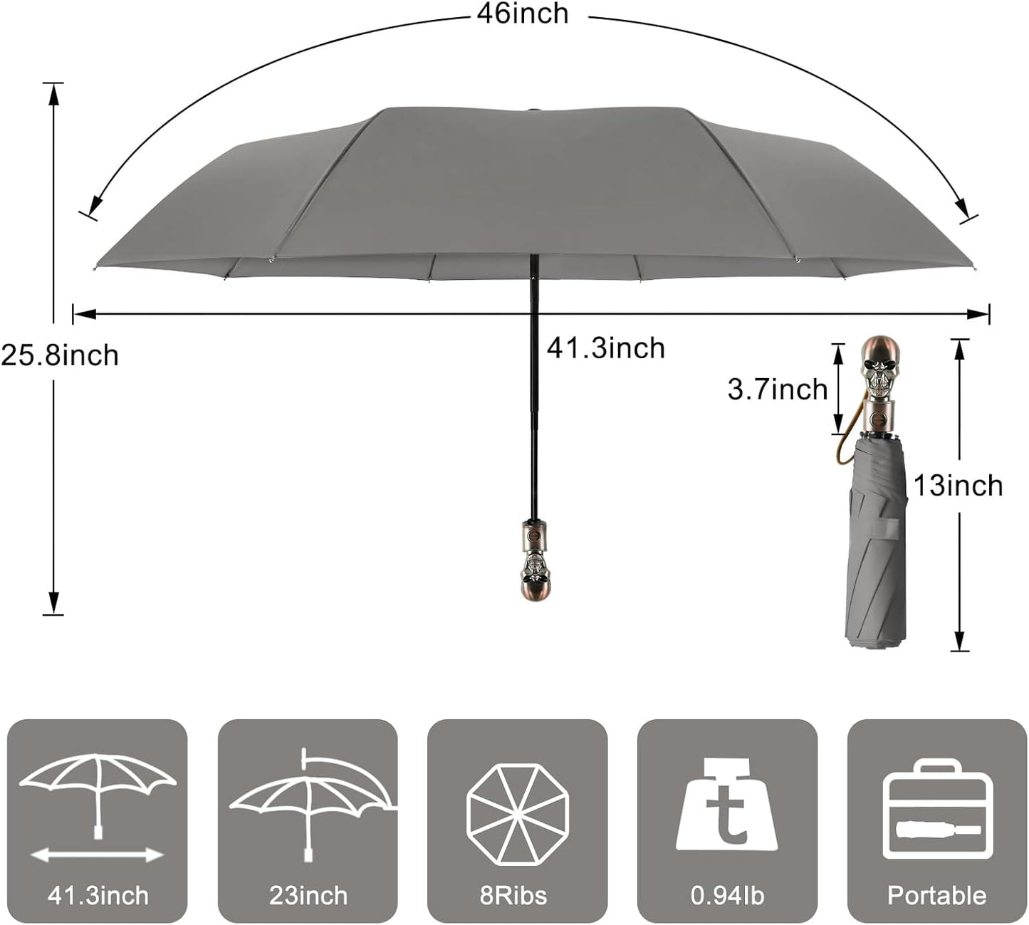 Lejorain Mens Black Skull Umbrella - Automatic Luxury Travel Windproof Umbrella Compact - Portable Strong Lightweight Rain Umbrella for Adults