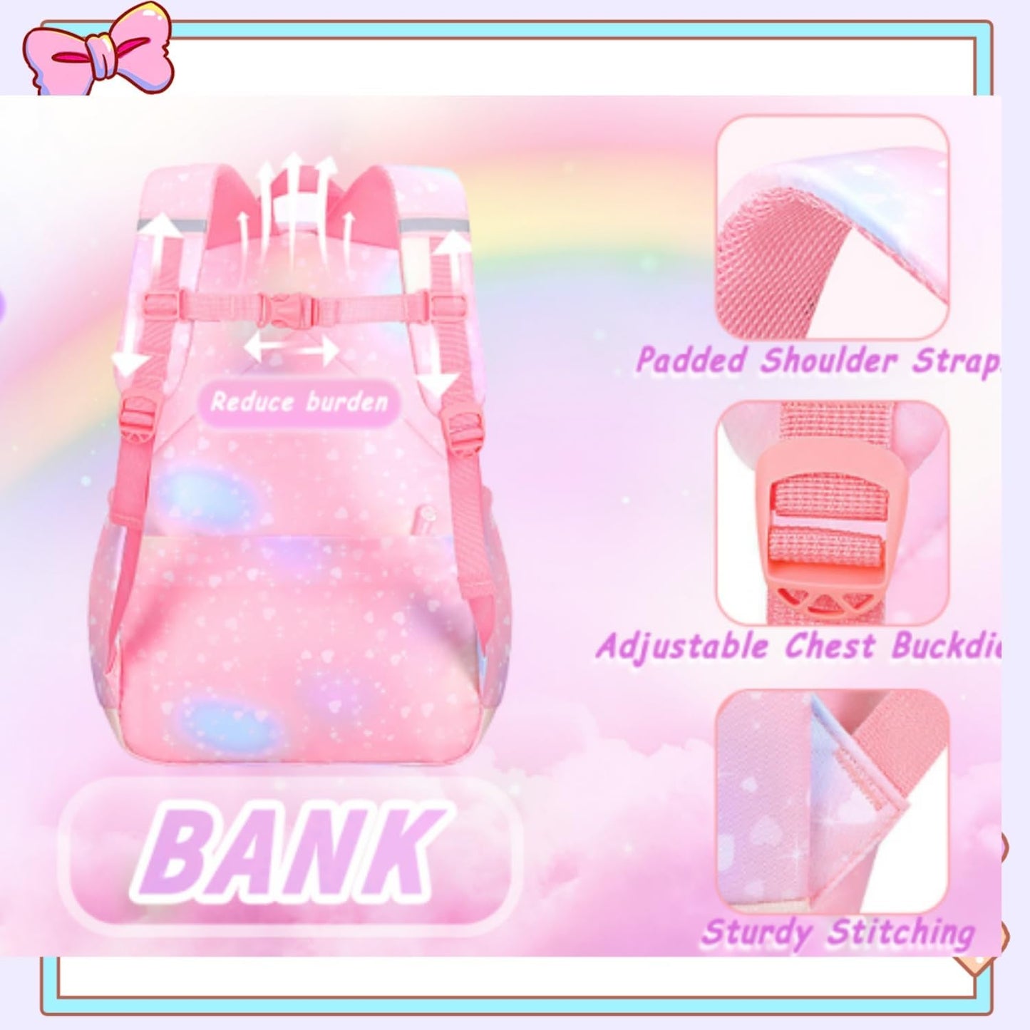 Girls Backpack,Rainbow Backpack for Girls-Kawaii Pink School Bookbag, Lightweight Large Capacity Kids Backpack for Travel & Daily Use