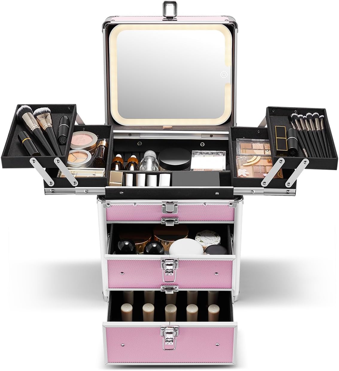 Qislee Makeup Box with Double Drawers and Four Trays, A Detachable Lighted Mirror, Waterproof Travel Train Case, Cosmetic Organizer and Makeup Suitcase with Magnetic LED Mirror(ICY Pink)