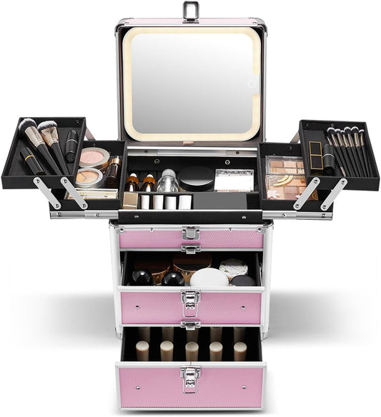 Qislee Makeup Box with Double Drawers and Four Trays, A Detachable Lighted Mirror, Waterproof Travel Train Case, Cosmetic Organizer and Makeup Suitcase with Magnetic LED Mirror(ICY Pink)