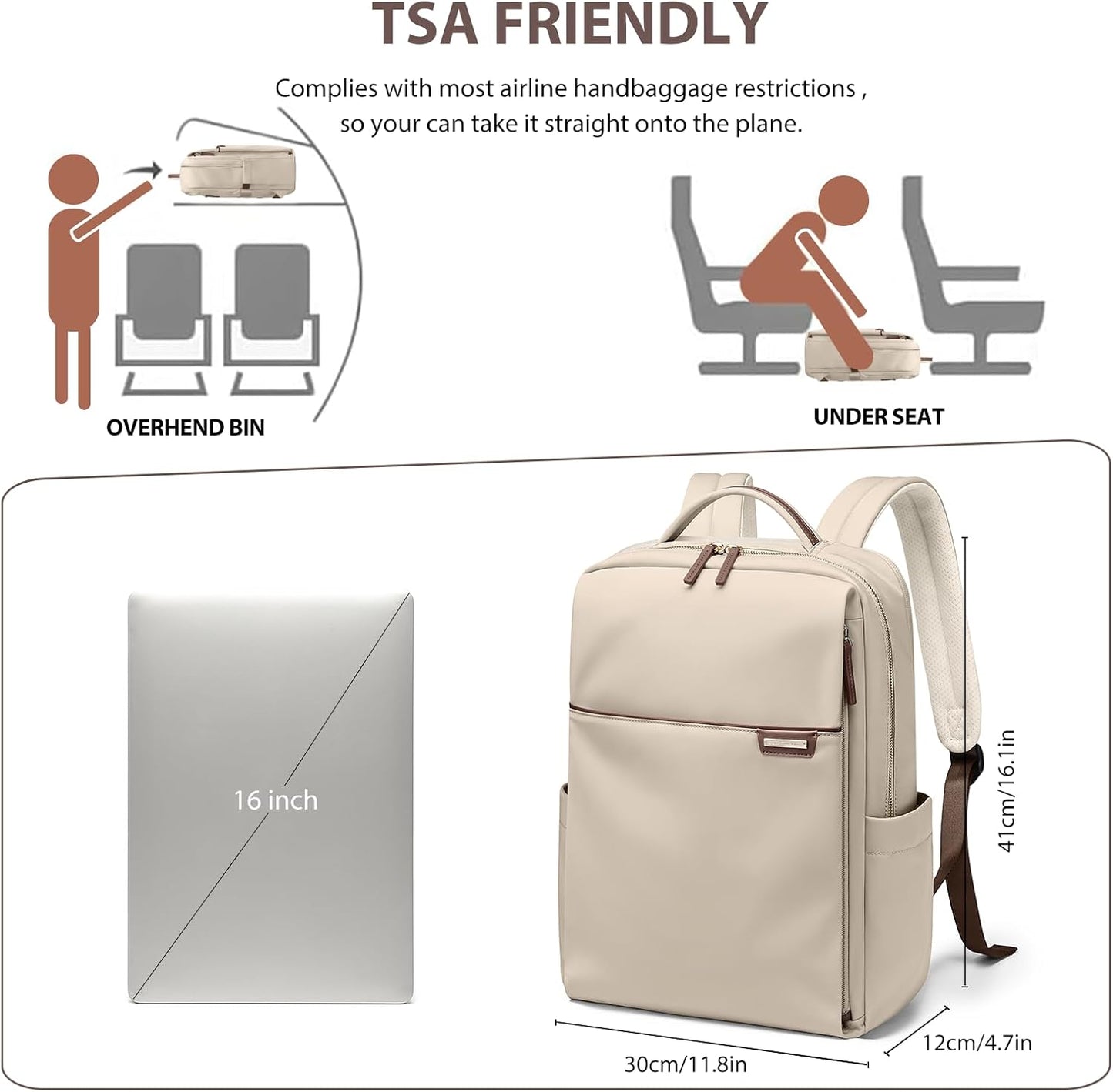 Laptop Backpack for Women, Work Business Traval Computer Backpacks with Laptop Compartment Waterproof Casual Daypack for Travel College,16Inch,Apricot
