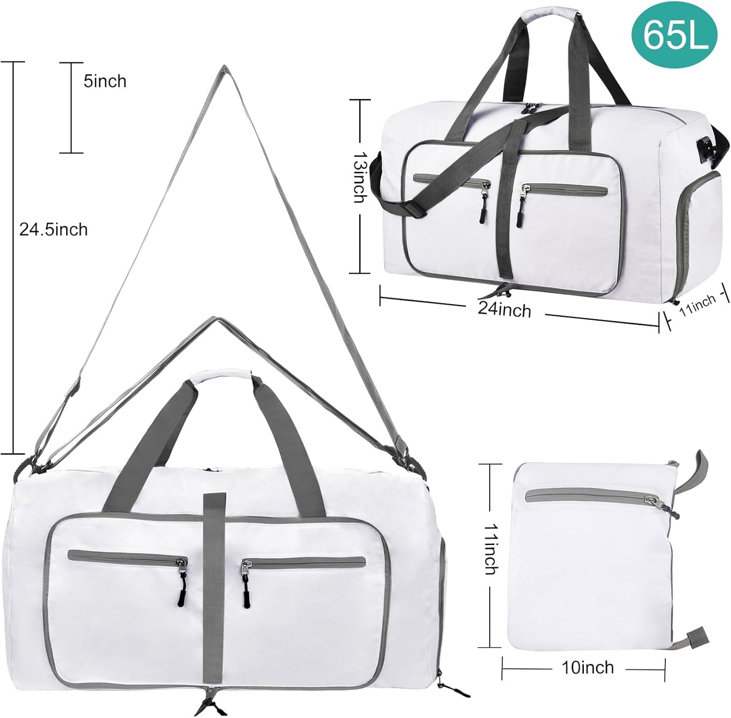 Dimayar 65L Travel Duffle Bag for Men Women - Foldable Duffel Bag with Shoes Compartment - Overnight Bags Waterproof & Tear Resistant(White)