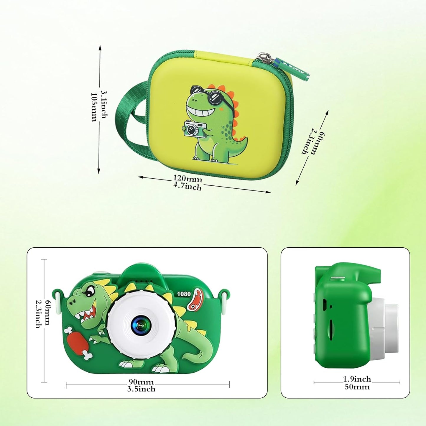 Kids Camera Case Compatible with YEEHAO/Goopow/Hangrui/Masterbee/OUTUVAS/GKTZ Digital Video Camera Toys Camcorder Storage Holder Carrying - Green Dinosaur(Case Only) (Green dinosaur)