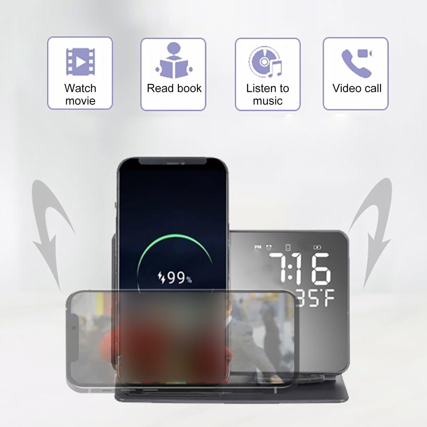 All-in-One Magnetic Charging Station with LED Alarm Clock, Temperature Display, and Makeup Mirror | Simultaneous Fast Charging for Smartphone, Smartwatch, Earbuds