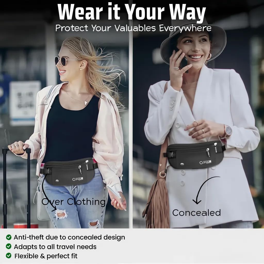 Money Belt for Travel with RFID Blocking Technology - Hidden Travel Money Pouch for Cash, Credit Cards, Passport, and Travel Valuables - Secure Water Resistant Money Belt for Men and Women - Black