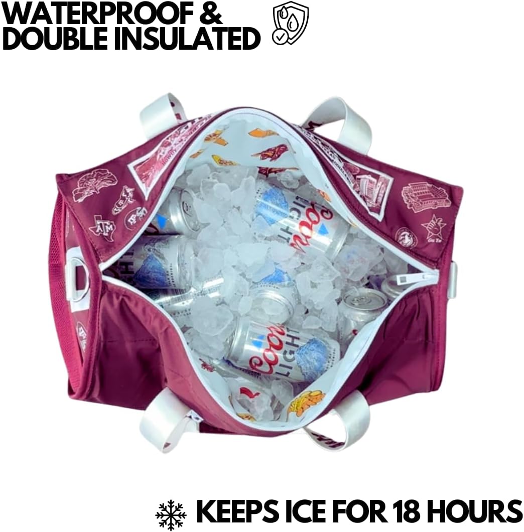 Varsity Cooler Texas. A&M University Licensed Travel Duffle & Cooler – 30 Can Leakproof Insulated backpack, Waterproof Soft Cooler, Golf, Carry-On Luggage, Gym & Outdoor – Durable Nylon Sports Bag