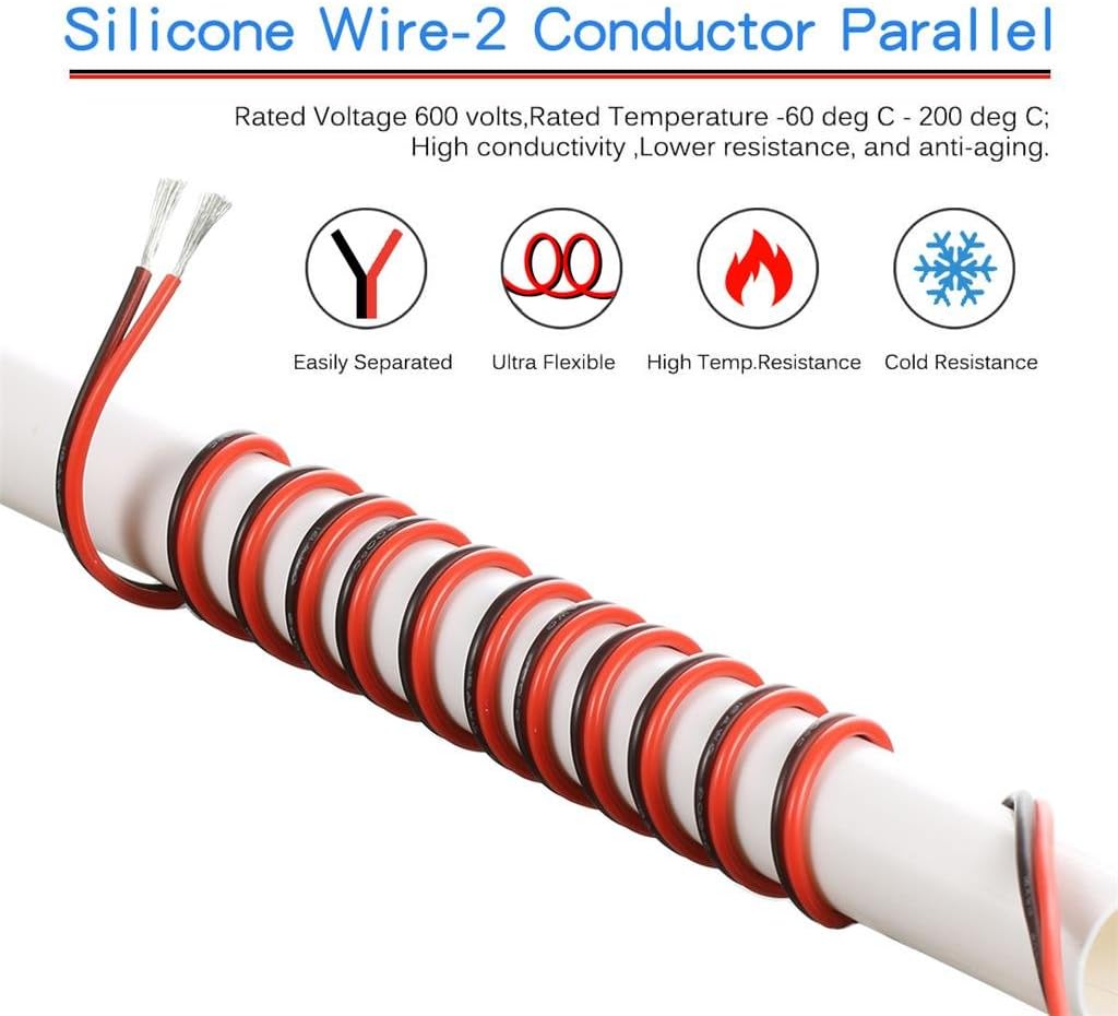 BNTECHGO 18 Gauge Flexible 2 Conductor Parallel Silicone Wire Spool Red Black High Resistant 200 deg C 600V for Single Color LED Strip Extension Cable Cord,Model,250ft Stranded Tinned Copper Wire