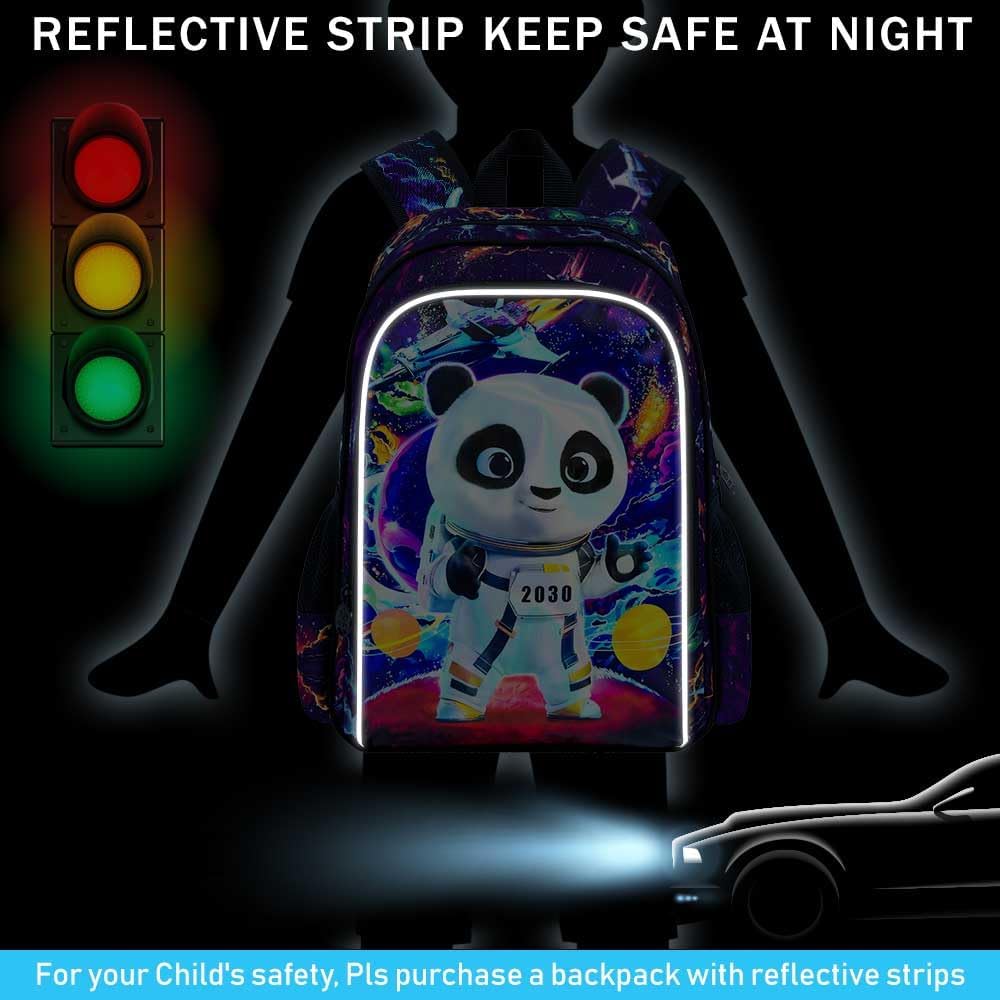 Backpack for Boys, 16" Kids Panda Bookbag with Lunch Box, 3Pcs Space School Backpacks for Elementary Preschool Kindergarten (Black)