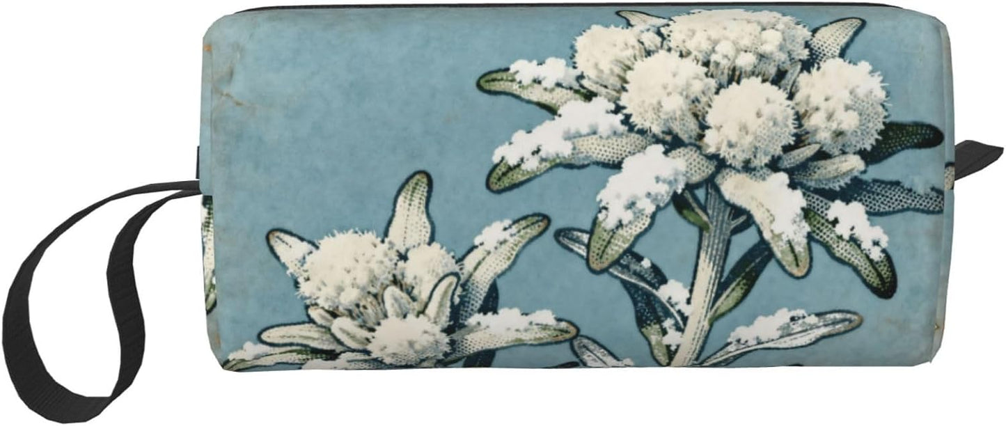 Edelweiss Light Blue Makeup Bag Organizer Compact & Durable Vintage Flower Travel Cosmetic Bag Oxford Fabric Impact-Resistant Multi-Purpose Storage Perfect for Travel, Gym, Daily Use