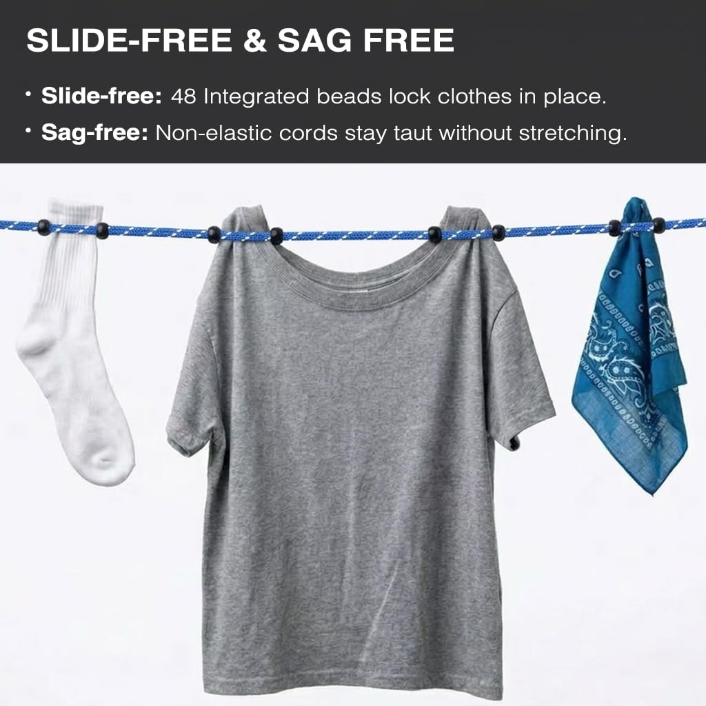 2 Pack Travel Clothesline, No Clothespins Needed, 48 Beads, Winders & Bags
