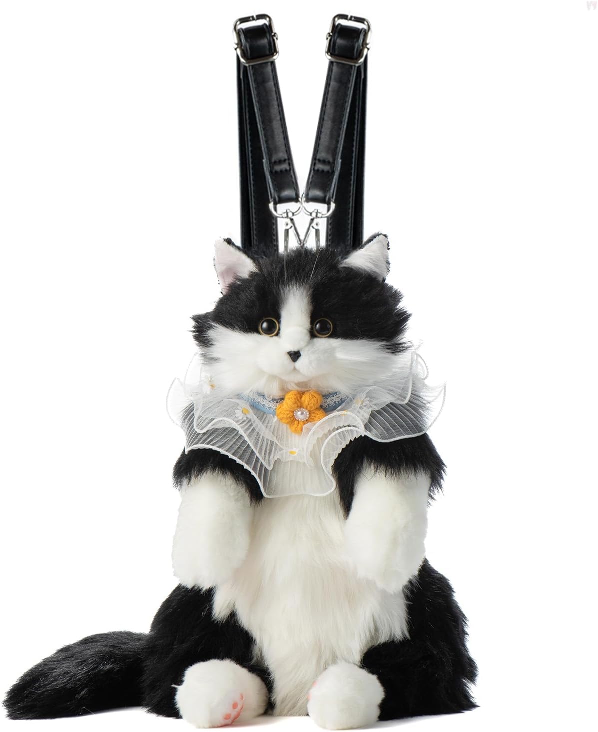 Chongker Stuffed Realistic Cat Plush Backpack - Cute and Soft Stuffed Animal Backpack with Adjustable Straps, Black