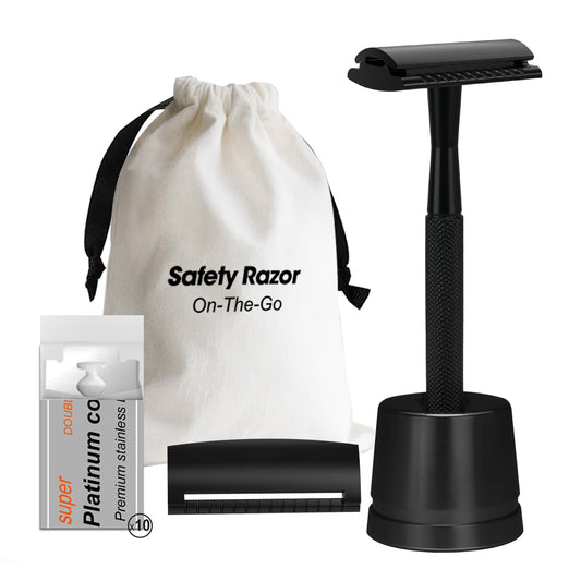 Safety Razor with Stand, Single Blade Razors for Men and Women, Reusable Metal Razor, with 10 Double Edge Blades, Smooth Close Shave, Plastic Free, Matte Black