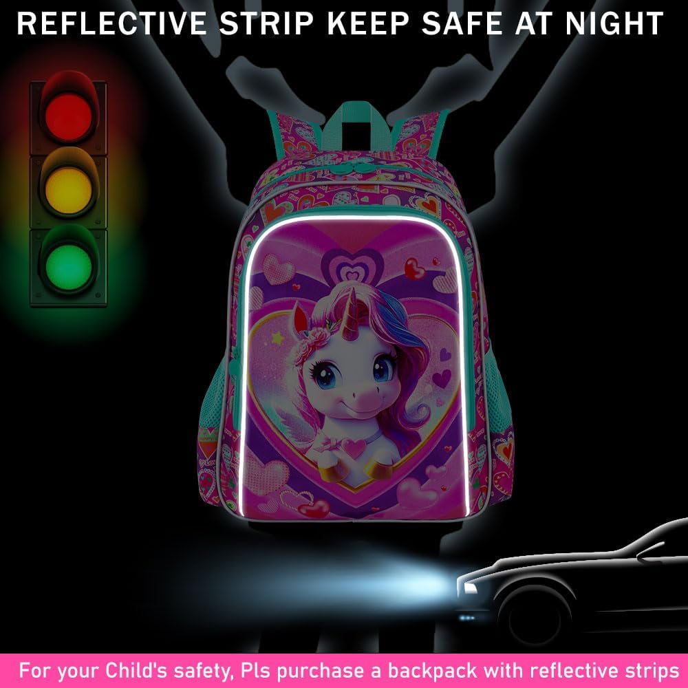 3PCS Girls Backpack, Kids Water Resistant Heart Bookbag Set with Lunch Box, Cute Kids School Bag for Preschool Toddler
