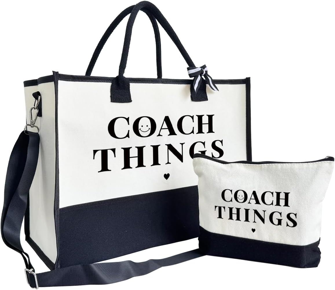 Coach Gift Tote Bag – Thank You Present for Coach, Large Canvas Travel Shoulder Bag with Zipper, Reusable Beach Shopper Handbag, Appreciation Gift for Women or Men