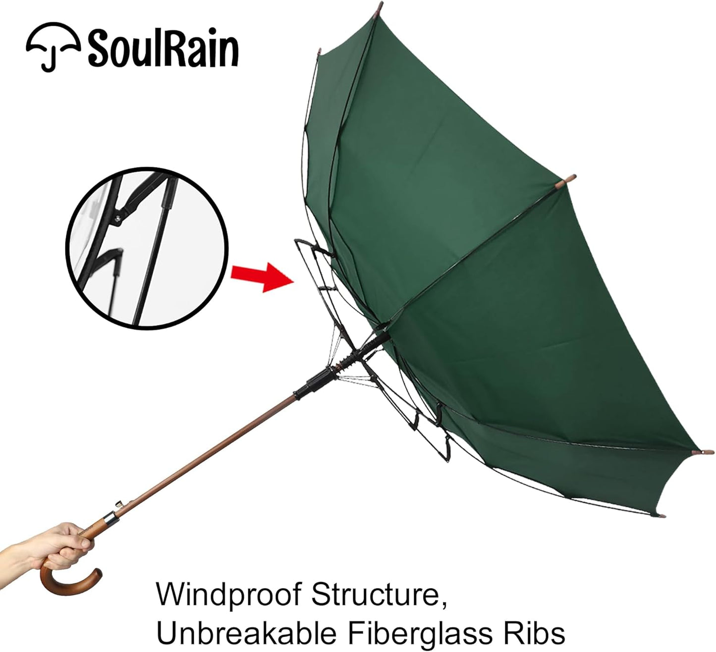 SoulRain 48" Large Umbrella –Windproof Stick Umbrellas for Rain, Automatic Open, Vintage Cane green Umbrella with Classic Wooden Handle & Shaft,for Women & Men(Green)