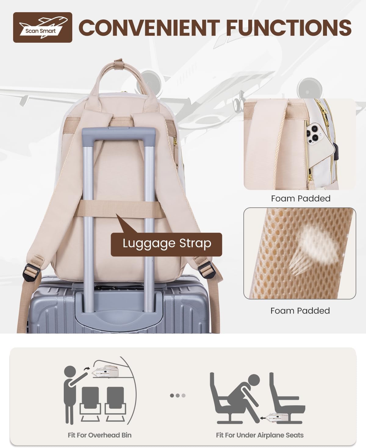 LOVEVOOK Backpack for Women,Laptop Backpack Women,Fits 15.6 Inch Laptop Bag,School Backpack,Fashion Travel Work Anti-theft Bag,Waterproof Business Computer College Backpack Purse,Beige white-Grey pink