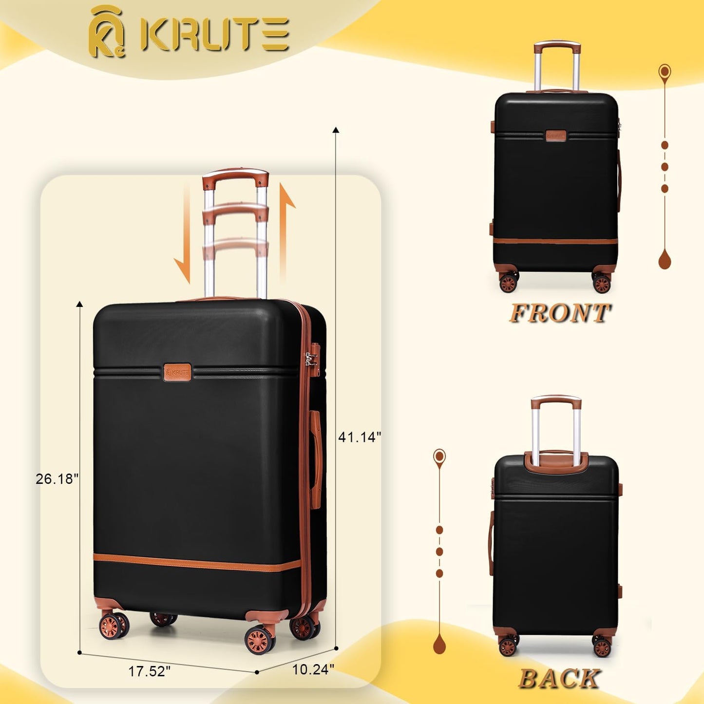 Krute Checked Luggage 24 inch Suitcases with Wheels TSA Approved PC+ABS Lightweight Hard Side Suitcase (BlackBrown)