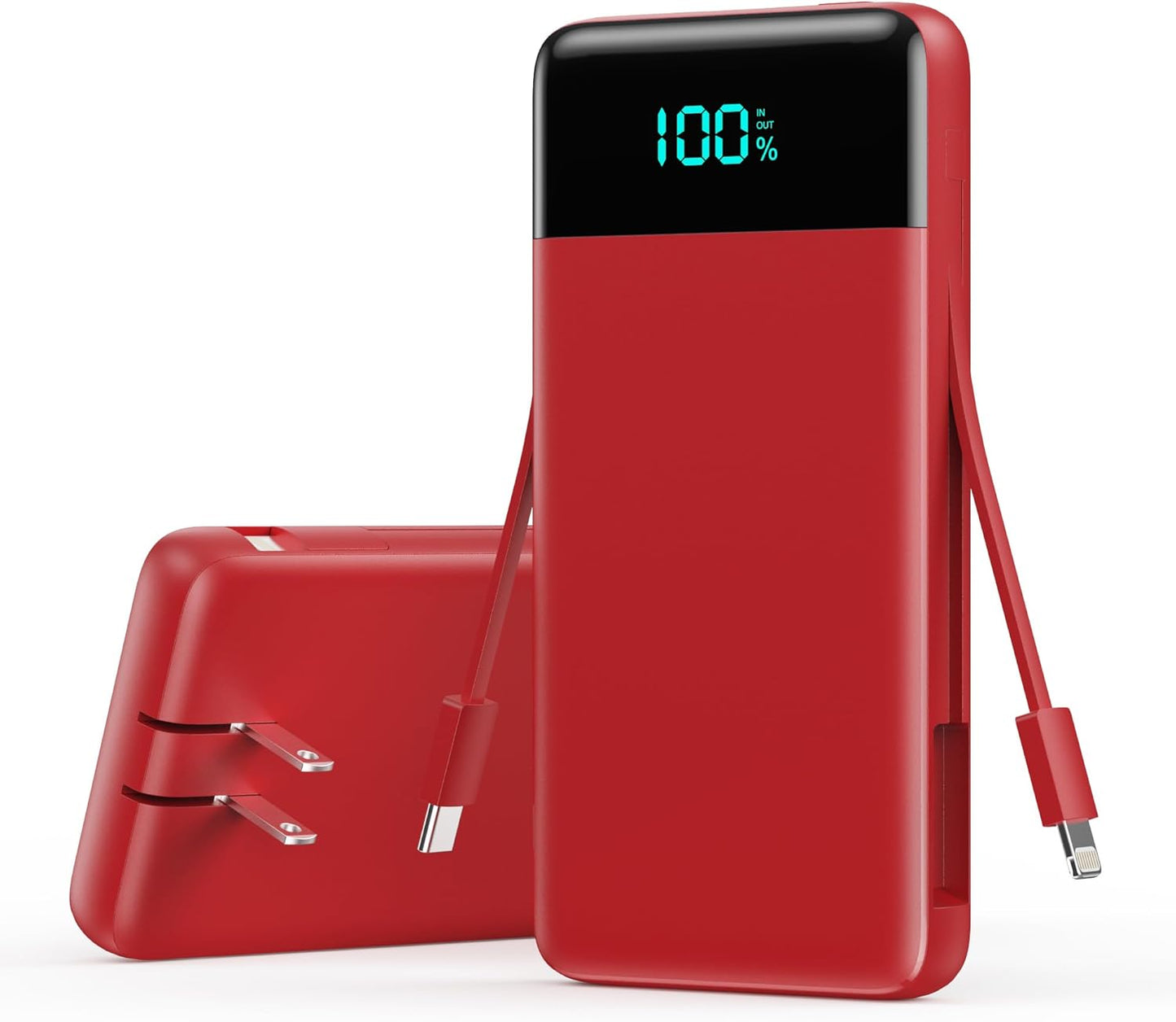 YHO Portable Charger 13800mAh for iPhone with Built-in Cables & AC Wall Plug,5-in-1 USB-C Power Bank,LCD Display External Battery Pack Phone Charger Compatible with iPhone 16/15/14,Android (Red)