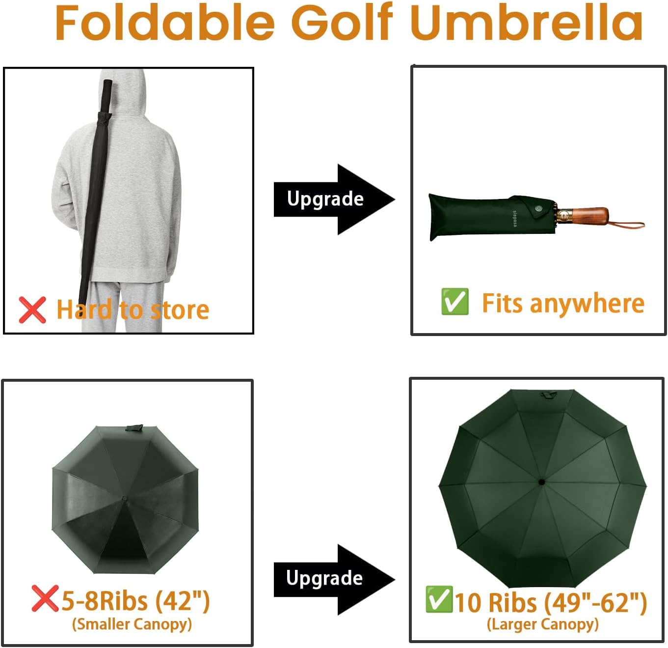 SIEPASA 49/54/62 Inch Windproof Golf Umbrella - Automatic Open/Close, Real Wood Handle - Large Folding Travel Umbrella for Wind, Rain & Sun Protection.