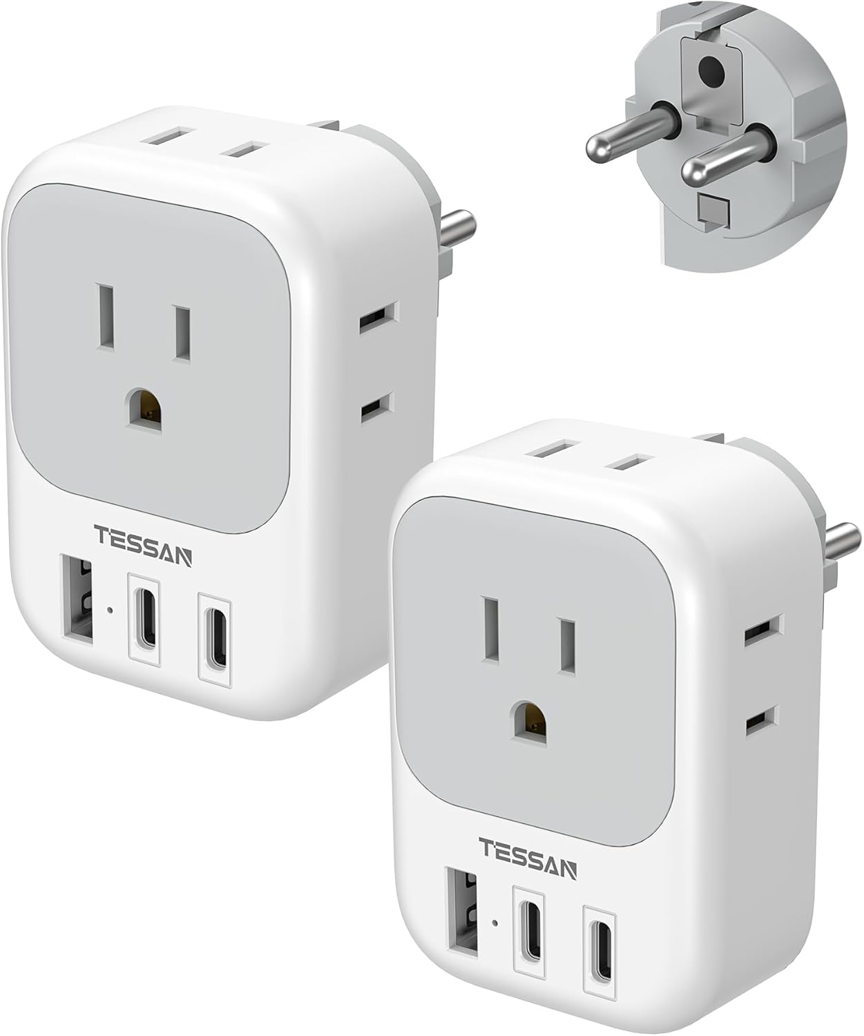 TESSAN 2 Pack Type E F Plug Adapter (2 USB-C), France Spain South Korea Power Adapter with 4 Outlets 3 USB, European Travel Adaptor for US to Germany Iceland Greece Portugal